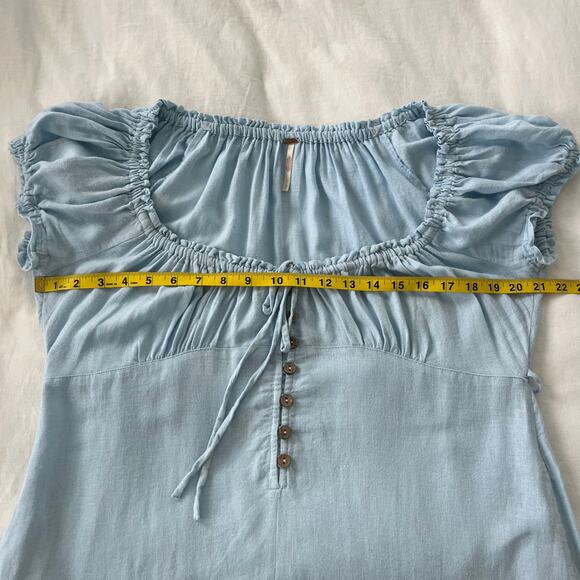 Free People Blue Perri Puff Sleeve Button Front Drop Waist Mini Dress Size Large - Picture 8 of 14